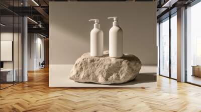 two white bottle with pump mockup on stone, advertisement Wall mural