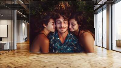 Polyamorous relationship between two women and one man, illustrating love and pride in a bisexual and lesbian inclusive threesome (Generative AI) Wall mural