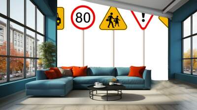 Set of road signs, Traffic signs. Stop, Taxi, Maximum speed, School crossing, Danger, Left curve, Traffic light symbol. Wall mural