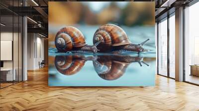 Two snails sliding across a body of water with their reflections mirroring them Wall mural