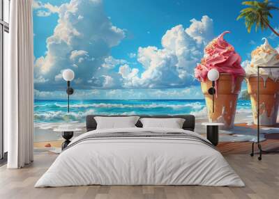 ice cream strawberry on the beach with space for text Wall mural