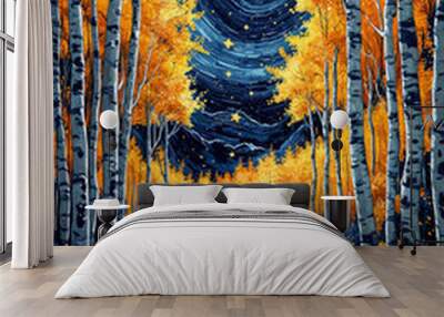 Autumn forest landscape on a starry night sky watercolor illustration in yellow and blue Wall mural