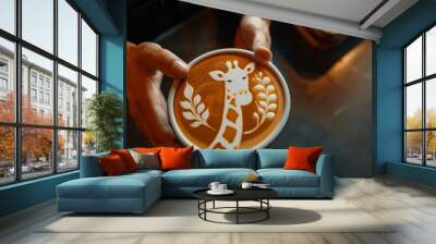 closeup of a coffee latte art of a giraffe seen from above in the cafe wallpaper cappuccino art Wall mural