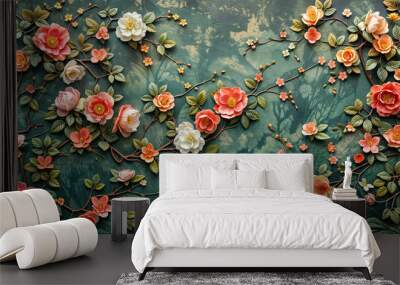 Rococo baroque Floral roses wallpaper, bright colors and high contrast, watercolor illustration Wall mural