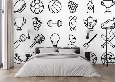 Sports related items such as Soccer ball, basketball, tennis racket, baseball, football, golf & many more editable stroke outline icons isolated on white background flat vector illustrati Wall mural