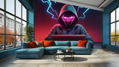 3D Render of Stylized Figure in Dark Hoodie Glowing Red Face and Pink Glasses Sitting Before a Laptop Against a Dark Red to Black Gradient Background with Emanating Blue Electric Lines Wall mural