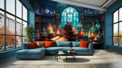 A mysterious room filled with spell books and potions Wall mural