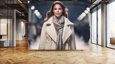 A stylish woman strides down the runway in a white coat and scarf, with a softly blurred background accentuating her presence. woman in a subway. Wall mural