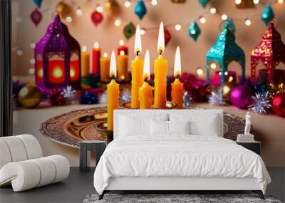 Festive Candles on Silver Plate with Ornate Lanterns Wall mural