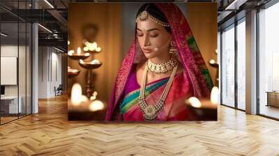 Indian Bride in Traditional Saree with Jewelry and Diyas Wall mural