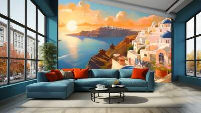 The picturesque Santorini island in Greece, with its iconic white-washed buildings and stunning sunsets over the Aegean Sea. Wall mural