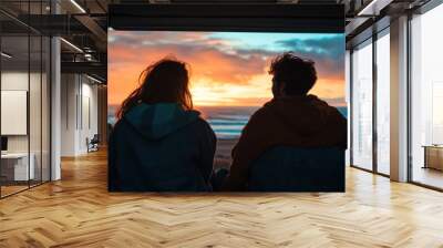 A couple watching the sunset from their van, nomadic lifestyle Wall mural