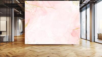 Abstract watercolor or alcohol ink art pink white background with golden crackers. Pastel pink marble drawing effect. llustration design template for wedding invitation,decoration, banner, background. Wall mural