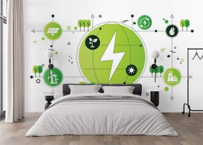 Renewable, green energy and save energy web banner. Ecology, Sustainable clean industrial factory, renewable energy sources and green electricity concept icons. Environment doodle flate design vector Wall mural