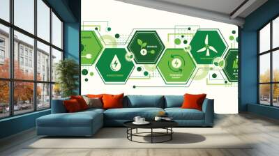 Renewable, green energy and save energy web banner. Ecology, Sustainable clean industrial factory, renewable energy sources and green electricity concept icons. Environment doodle flate design vector Wall mural