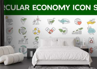 Set of thin line circular economy Icon set. financial growth, green city, waste, net zero, green economy, green politics, global consumption. Vector illustration for environmental issues. Wall mural