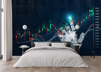 Ai artificial intelligence tool analysis stock market.  Investor use smart robot automation technology for analysis graph data for decision trading. Robotic arm pointing at stock chart Wall mural