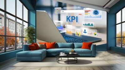 analytics dashboard of Key Performance Indicator (KPI) using Business Intelligence (BI) metrics to measure achievement versus planned target, person touching screen icon, and success. Wall mural