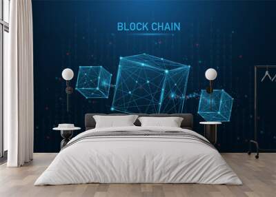 Blockchain technology concept on Low poly or polygonal style design with a chain of encrypted blocks to secure cryptocurrencies and bitcoin for online payments and money transaction Wall mural