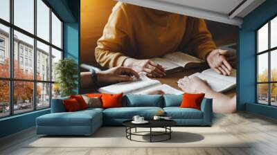 Christian couple or group reading study the bible together and pray at a home or Sunday school at church. concept studying the word of god. Wall mural