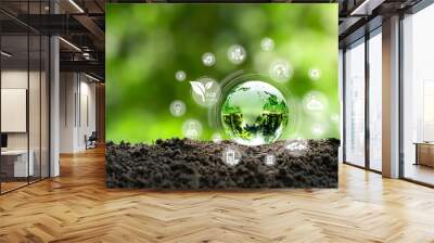 crystal globe with a sustainable development icon. clean energy eco-friendly, ecology, green technology, and environmental protection. technology safe environment-friendly nature Wall mural