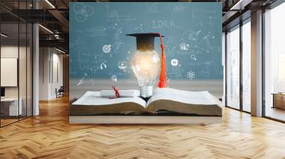 Education learning and Idea knowledge concepts innovative technology, science, and mathematics in school or university. Graduation cap with a lightbulb on the book and icon learning in the classroom.  Wall mural