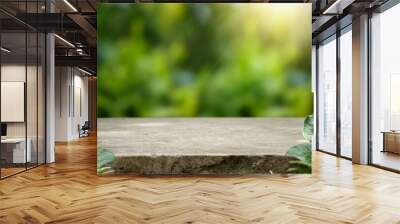 Natural stone and concrete podium in Natural green background for Empty show for packaging product presentation. Background for cosmetic products, the scene with green leaves. Mock up the pedestal. Wall mural