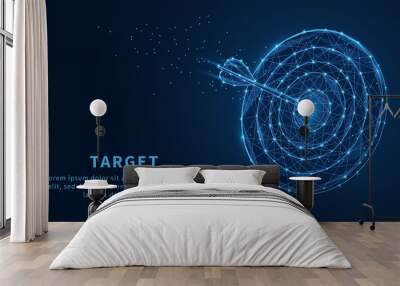 Smart goal setting, dart hit the center of dartboard glowing blue. Low polygon, particle, and triangle style design.Wireframe light connection structure. Wall mural