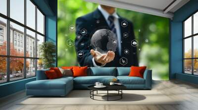 Sustainable Environment Business or Green Company concept. Businessman Hand Holding Globe with Environment icon to technology Organization Sustainable Development Environmental.   Wall mural