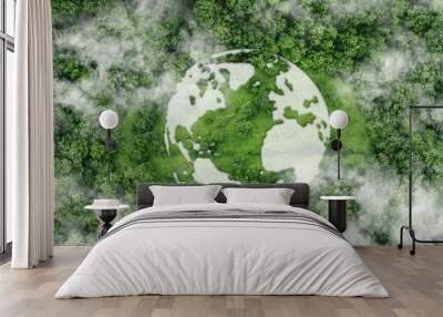 Sustainable Environment concept. Carbon reduction emissions target. Top view green forest with globe earth. Green energy is eco-friendly. Save Earth or World Earth Day Concept. Environmental Care Wall mural