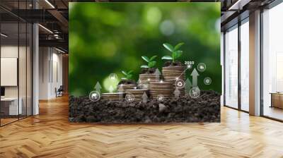 Sustainable environment Investment, or investing in renewable energy,   green invest. ESG environmental social governance concept.business strategy. Coins on the ground with icon and graph Growth.  Wall mural