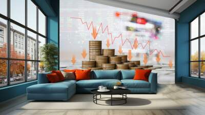 The Inflation and recession of the economy of global.The concept of economic collapse and the collapse of the stock exchange on stacks of coins and a graph arrow pointing down. Wall mural