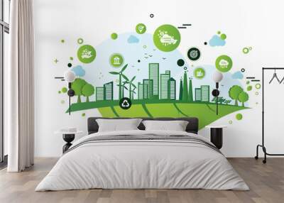 The concept of carbon credit with icons. Tradable certificate to drive industry and company to the direction of low emissions and carbon offset solution. Green vector illustration template. Wall mural