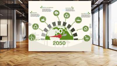 Zero emission by 2050. Net zero and carbon neutral concept. Net zero greenhouse gas emissions target. Climate neutral long term strategy with net zero icon infographic. Wall mural