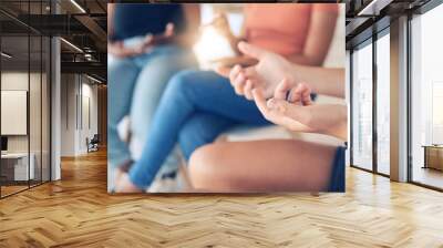 Group, support and discussion with hands of women together on chairs for talking, conversation or debate for solution, problem or brainstorming. Body language of community people for communication Wall mural