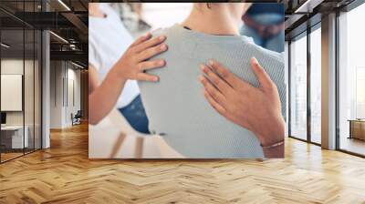 Hands, mental health and support in group therapy for woman suffering depression, stress and trauma closeup. Hand, people and aa meeting by community in trust, help and empathy for girl with anxiety Wall mural