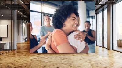 Women, hug and support of friends with group applause for counseling, therapy and trust for psychology and stress management. Group of people together for mental health, healing and help at workshop Wall mural