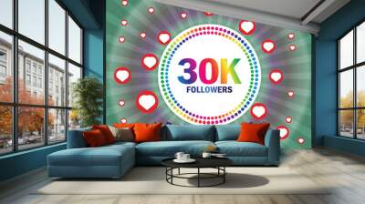 30k followers thank you card with hearts and ribbon. Vector illustration. Suitable for social sites post, greeting card Wall mural