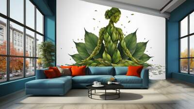 21 June, INTERNATIONAL YOGA DAY, yoga day illustration, with woman made with leaves sitting in lotus yoga pose, white background Wall mural