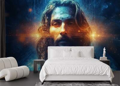 Abstract image of Jesus Christ, blue, futuristic background, Generative ai Wall mural