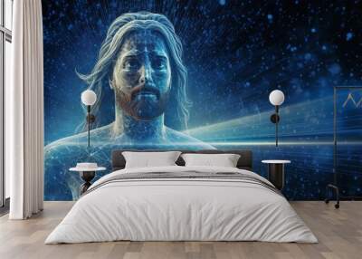 Abstract image of Jesus Christ, blue, futuristic background, Generative ai Wall mural