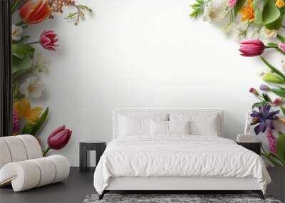 Beautiful composition of spring flowers and leaves on white background with copy space. generative Ai Wall mural