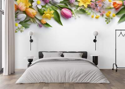 Beautiful composition of spring flowers and leaves on white background with copy space. generative Ai Wall mural