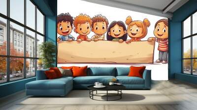 cartoon style illustration of happy cute children holding a empty board on white isolated background for children's day, Generative ai Wall mural