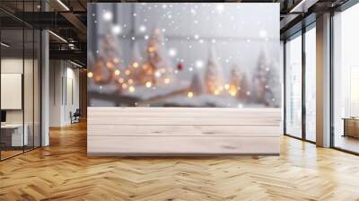 Empty wooden table top with warm living room decor blur background with snow, Mock up banner for display of advertise product, Generative Ai Wall mural