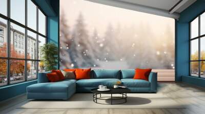 Empty wooden table top with warm living room decor blur background with snow, Mock up banner for display of advertise product, Generative Ai Wall mural