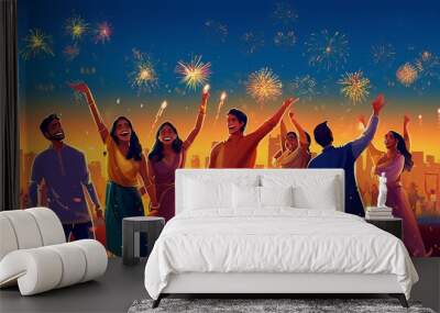 Happy indian family celebrating Diwali festival, Generative Ai Wall mural