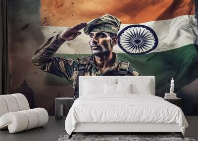 Indian soldier saluting with Indian flag in background, Generative ai Wall mural