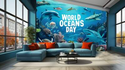 June 8, World oceans day, with underwater ocean, dolphin, shark, coral, sea plants, stingray and turtle Wall mural