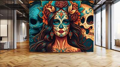 Mexican festival known as Day of the Dead with maxican girl portrait wearing carnival mask of the day of the dead, Generative ai Wall mural